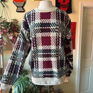 Plaid Patterned Crew Neck 100% Cotton Sweater - Burgundy and Green
